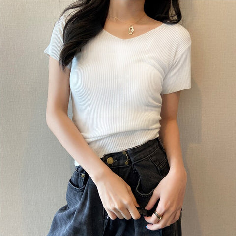 Sonicelife Christmas Gift AOSSVIAO Summer Short Sleeve Korean Style Sweater V-Neck Knitted Pullover Women Sweaters Basic Thin Tops Pull Femme Jumper 2024