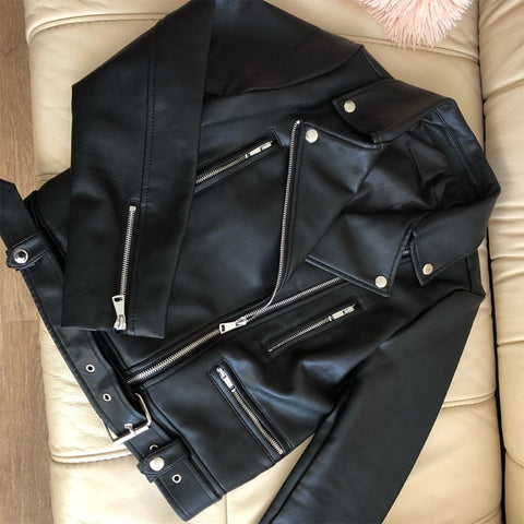Sonicelife New Women Spring Autumn Black Faux Leather Jackets Zipper Basic Coat Turn-down Collar Motor Biker Jacket With Belt