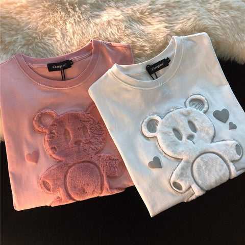 Sonicelife Printed Embroidery Kawaii Short Sleeve Women's T-Shirt  Summer 2024 New Loose Korean Style Bear Top Clothes Cute Cotton Tshirt