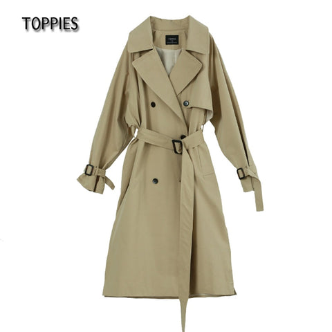 Toppies Long Trench Coat 100% cotton Loose Oversized Women's Trench Coat Double-Breasted Belted Lady Cloak Windbreaker 2023