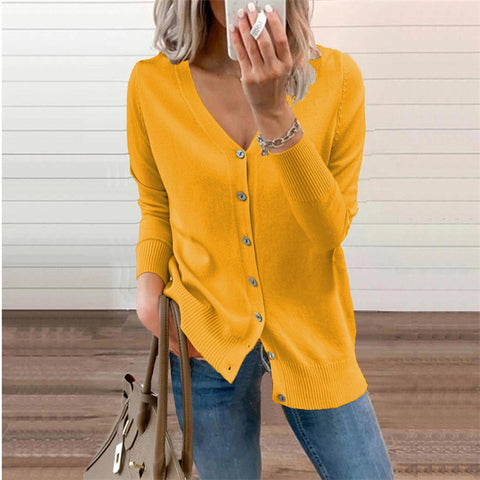 Sonicelife  Women Knitted Sweaters Button Cardigan Coats 2023 Spring Autumn V Neck Long Sleeves Single Breasted Solid Casual Sweater