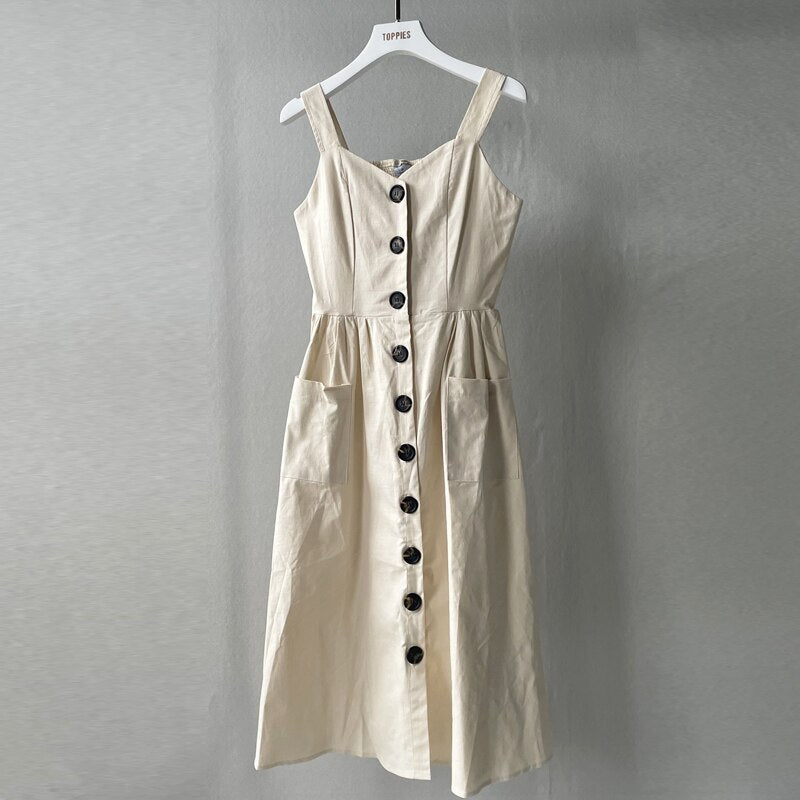 Summer 97%Cotton Camisole Dress Beach Midi Dresses with Pockets Front Button Sundress Stretch Bust
