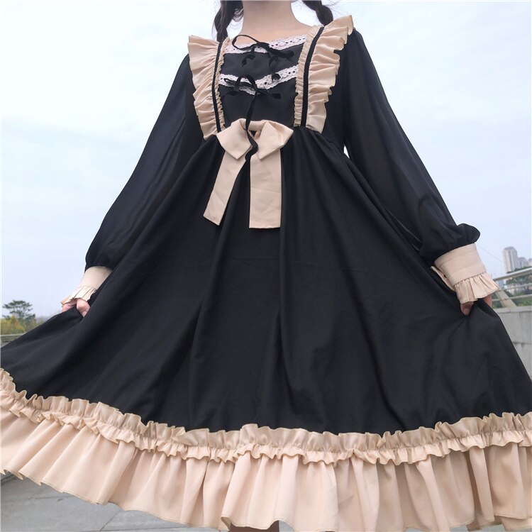 Sonicelife Harajuku Lolita dress daily Palace Bow-knot sweet cute retro lotus leaf bow Vestidos Noble Sweet Gothic Party Robe Renaissance