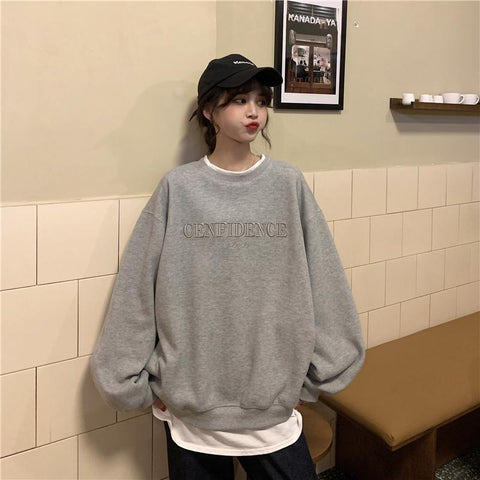 Sonicelife French Vintage Full Sleeve Sweatshirt Streetwear 2024 New Trendy Loose Fake Two Pullover 90s Embroidered Round Neck Women Hoodie