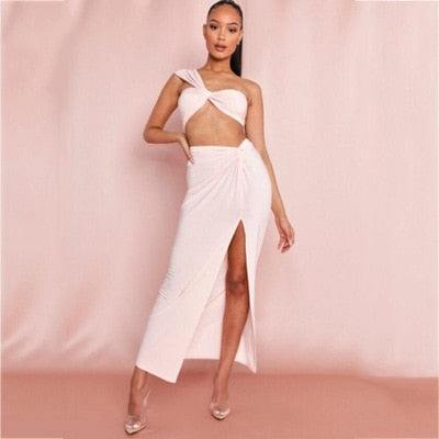 Sonicelife  Strapless Wrap Top and Split Maxi Skirts Fall Sleeveless Outfit Two Piece Set Night Club Party Matching Set