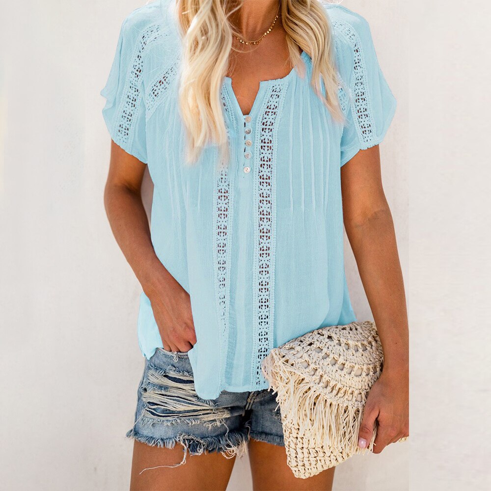 Sonicelife Women Hollow Out Short Sleeve Blouse Elegant V-Neck Loose Solid Casual Blouses Tops Female Office Ladies Pullover Clothes D30