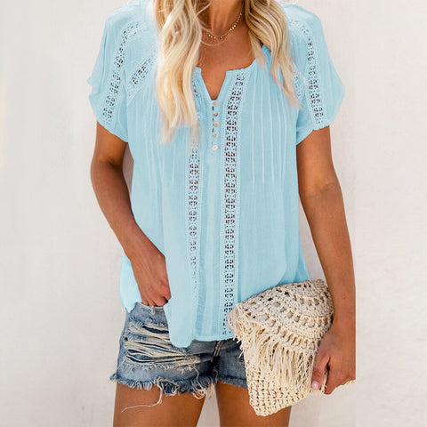 Sonicelife Women Hollow Out Short Sleeve Blouse Elegant V-Neck Loose Solid Casual Blouses Tops Female Office Ladies Pullover Clothes D30