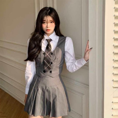 Sonicelife-College Style Japanese Fashion Jk Suit School Uniform Girl Outfit Casual Vest Jacket Tie Pleated Skirt Shirt Slim Women 4Pcs