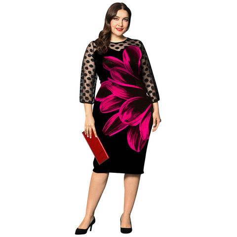 Sonicelife Summer plus size dresses for women Black A-LINE empire Mesh Spliced Dress Large Size Lady Sheer Sleeve Party Dresses Robe D30