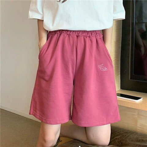 Sonicelife Wide Women's Short Pants Summer Embroidery Harajuku Sport Shorts Smart Elastic Waist Plus Size Loose Casual Shorts for Women