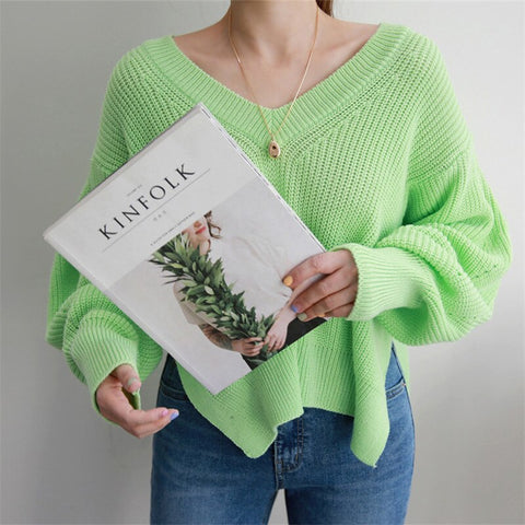 Christmas Gift Knitted Sweaters For Women Fall Winter Korean New Sweet Casual Loose V-neck Females Pullovers Sweet Simple Ladies Sweater Tops