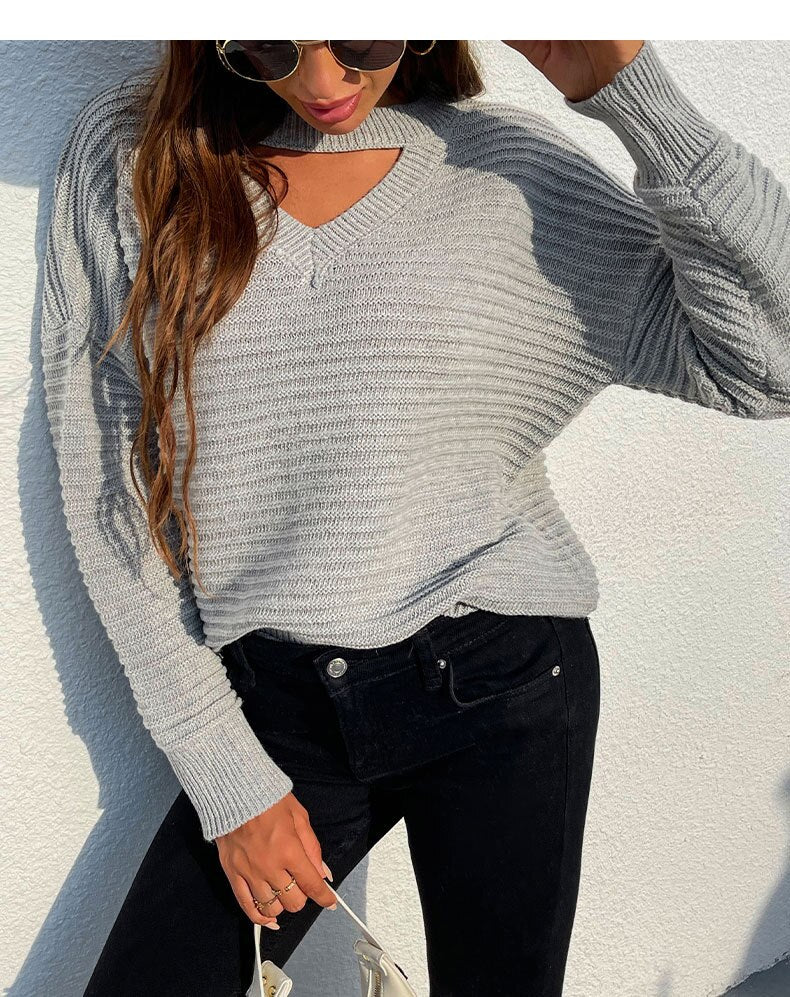 Sonicelife Knitted Solid Women's Hollow Out V Neck Knitwear 2024 Autumn Long Sleeve Sweater Pullovers Office Ladies  Fashion Work Tops