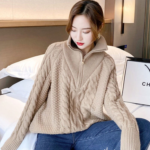 Women's Jumper Loose Fashion All-match Female Turtleneck Sweaters Turn-down Collar Zippers Solid Thicken Knitted Woman Sweaters