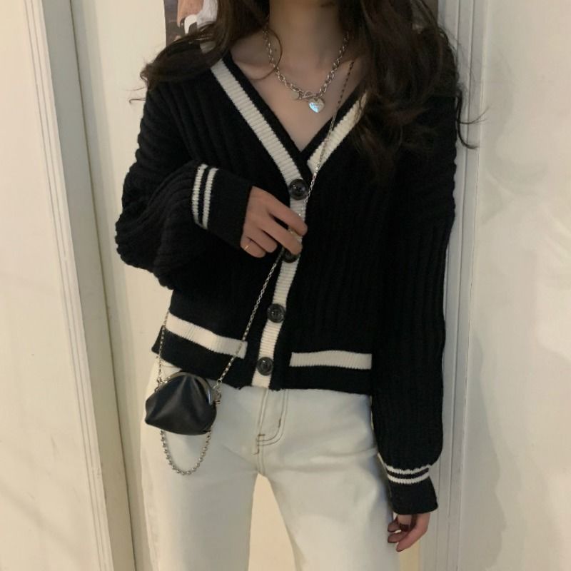 Sonicelife  Korean Style Striped Beige Oversize Sweater Cardigan Women Harajuku Grey Button Basics Solid  Jumper Female Black Tops