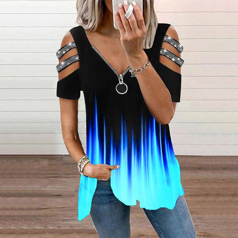 V-neck Zipper Up Loose Womens Blouse Hollow Out Short Sleeve Hollow Out Pullover Tops Casual Summer Blusa for Female D30