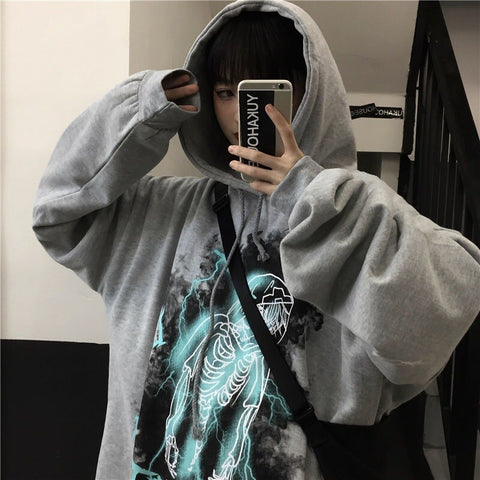 Sonicelife  Punk Streetwear Black Printed Hoodies Women Harajuku Hip Hop Oversize Long Sleeve Pullover Female Grey Sweatshirt Tops