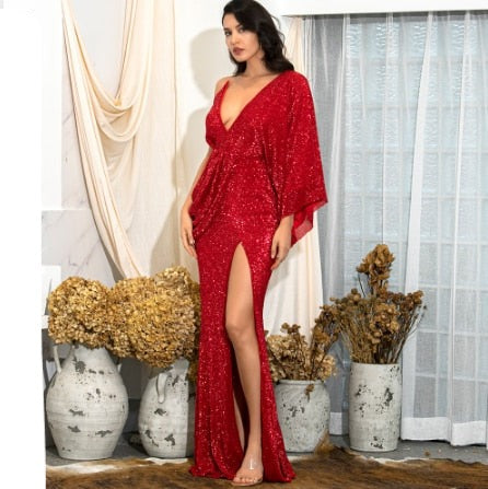 Sonicelife Rose Gold V-Neck Single Sleeve Sequins Split Party Maxi Dress LM81848