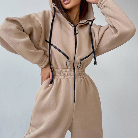 Sonicelife  Casual Women Basic Hoodie Jumpsuit Zipper Drawstring Overalls Fleece Lined Streetwear Tracksuit Solid Rompers One Piece Outfit