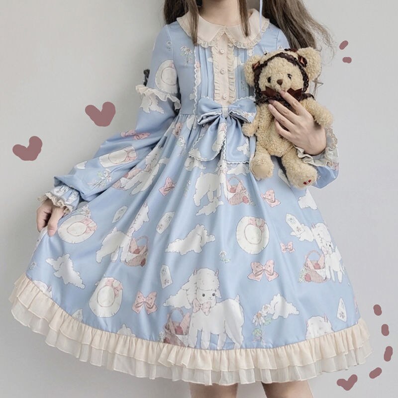 Sonicelife Kawaii Japanese Lolita Vintage dress Lamb Printing lolita dress women soft girl style cute Princess lace dress cute