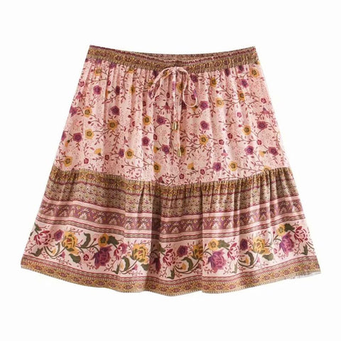 Pink Jasmine Florals Boho Skirt Summer Women Mini Skirts Casual Hippie Chic Beach Short Skirt faldas mujer moda 2023