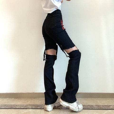 Sonicelife Weekeep Gothic Print Cut Out Blcak Jeans Women High Waist Denim Long Pants Summer Vintage 90S Harajuku Streetwear Punk Trousers