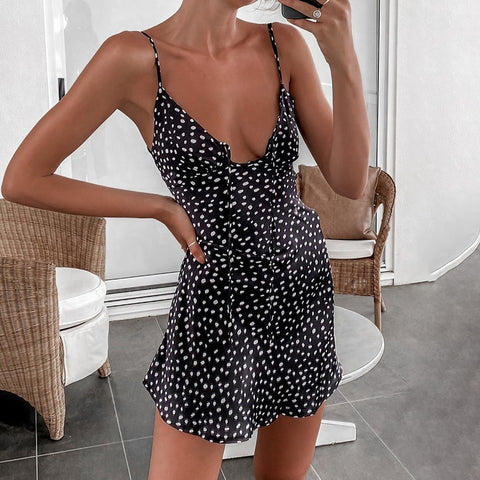 Back to school outfits Sonicelife  Women Polka Dot Dress Stylish Summer Open Front Lace-Up Backless Short Dress Chic Ladies Spaghetti Strap Short A-Line Dress summer dresses for women 2022