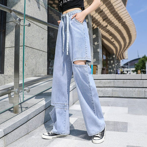 Woman Jeans Ripped Clothes High Waisted 2020 Summer Streetwear Baggy Wide Leg Vintage Fashion Stretch Harajuku Straight Pants