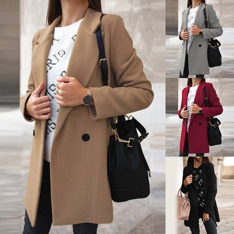 HOT SALES!!! Women Autumn Winter Fashion Wide Lapel Double-line Buttons Warm Coat Outwear Fashion Warm Keeping Coat Solid Color