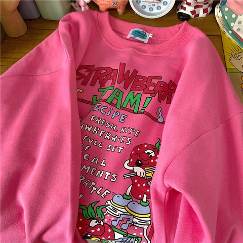 Sonicelife Harajuku Oversized Strawberry Print Hoodie Women O Neck Loose Vintage Clothes Top Streetwear Sweatshirts Graphic Cute Pullover0629