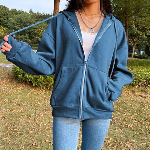 Sonicelife Harajuku Long Sleeve Oversized Hooded Sweatshirts Women Winter Vintage Clothes Woman Warm Thick Jacket Sweetshirt Zip Up Hoodies