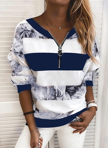 Sonicelife Women Tshrts V-Neck Wide Stripe Print Long Sleeve Zipper Casual Stretchy 2024 Autumn Fashion Ladies Tops Vintage Clothes D30
