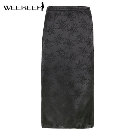 Sonicelife Weekeep Vintage Floral Print Satin Midi Skirts Women Side Split  High Waist Skirts Summer Retro Black Casual Outfits Fashion