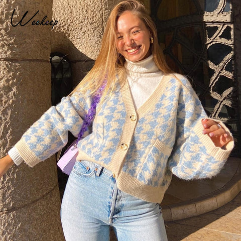 Sonicelife Weekeep Houndstooth Knitted Oversized Sweater Cardigans Womens Casual Buttons V Neck Jumpers Streetwear Harajuku Autumn Knitwear