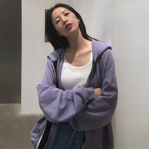 Sonicelife Harajuku Long Sleeve Oversized Hooded Sweatshirts Women Winter Vintage Clothes Woman Warm Thick Jacket Sweetshirt Zip Up Hoodies