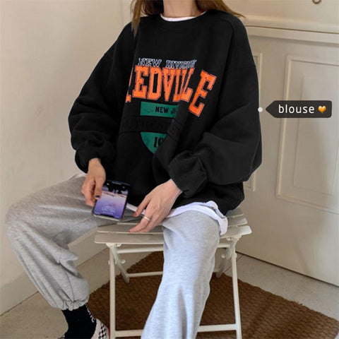 Sonicelife Plus Velvet Casual Warm Pullover Sweatshirts Female Clothing Women Long Sleeve Sweetshirt Loose Letter Printing Crew Neck Tops