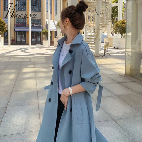 Korean Fashion Double Breasted Sashes Trench Coats Women Elegant Chic Slim Waist Windbreaker 2023 Spring Autumn Loose Basic Coat