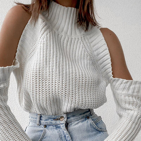 2023 Woman Autumn Fashion  Cold Shoulder High Neck Long Sleeve White Trending Vintage Sweater Festival Cute Lady Casual Tops