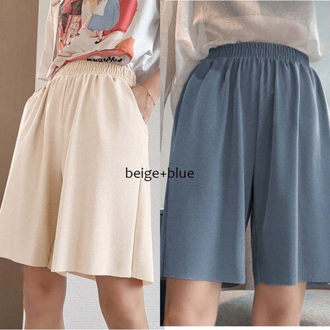 Sonicelife Wide Leg Short Pants Woman Summer Casual Ice Silk Straight Shorts Female Solid Elastic Waist Plus Size Slacks Short for Girls