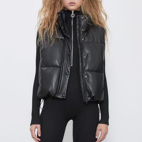 2023 Autumn Winter Women Black Faux Leather Jackets Fashion Zipper Sleeveless Coat Tops Female Casual Warm Outwear Ladies