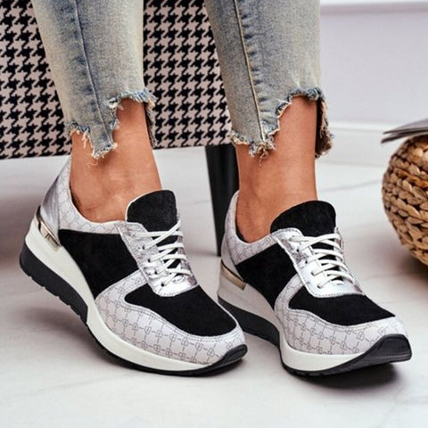 Sonicelife  Women Sneakers Wedge Casual Vulcanized Shoes 2022 Printed  Patchwork Ladies Platform Shoes Sports Lace-Up Female Footwear New