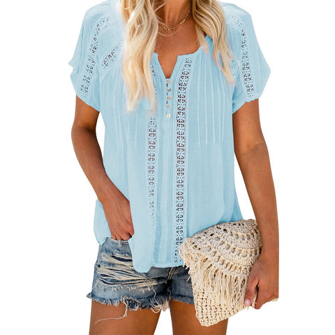 Sonicelife Women Hollow Out Short Sleeve Blouse Elegant V-Neck Loose Solid Casual Blouses Tops Female Office Ladies Pullover Clothes D30