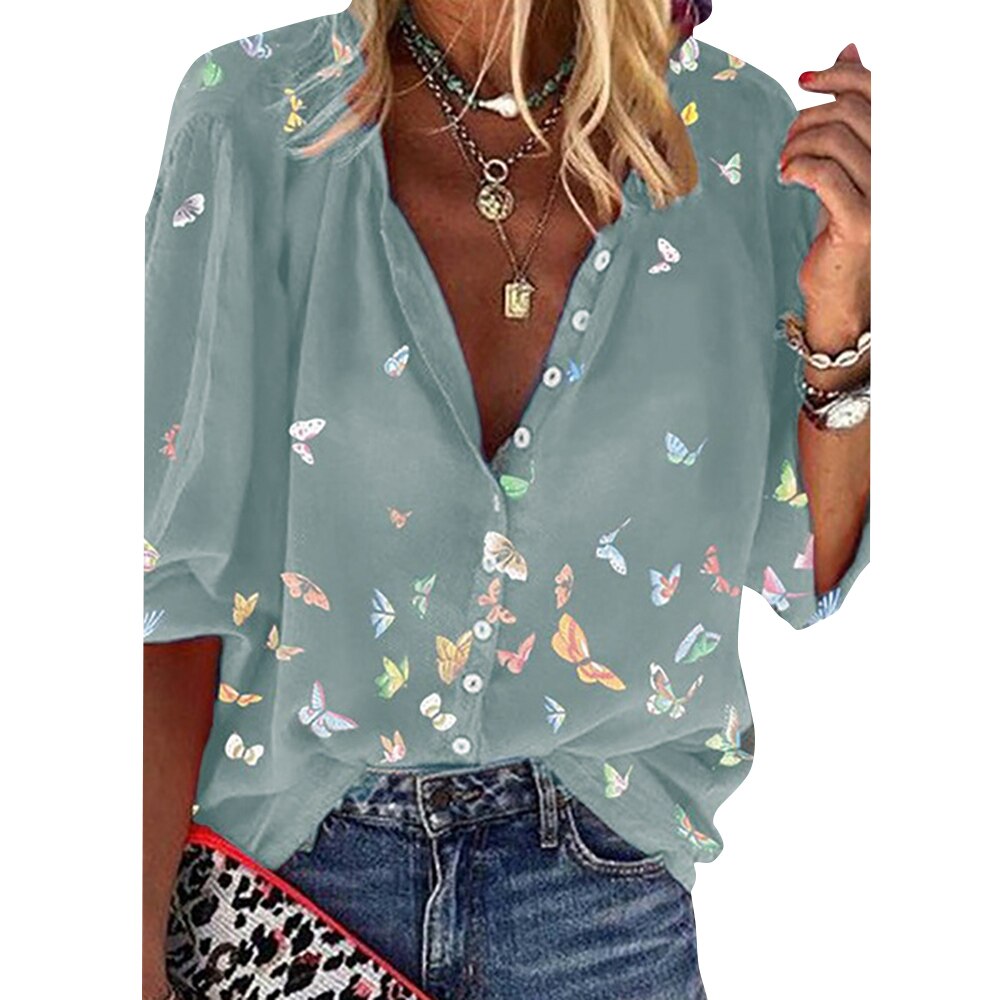 Summer  T-shirt Butterfly Print Half Sleeve Shirt Women Casual Button Shirt Fashion Loose T-shirt Office Ladies Tops D30