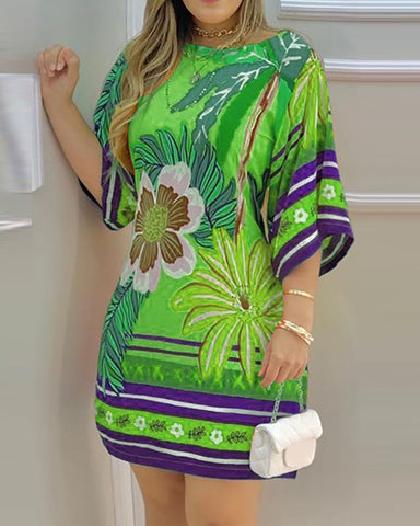 2023 Summer Women's Mini Tropical Print Half Sleeve Casual Dress Round Neck Chic