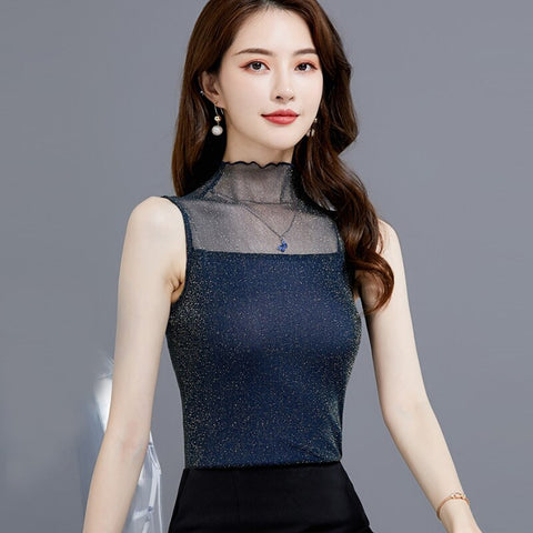 Christmas Gift Shiny Lurex Lace Transparent Mesh Casual Summer Women Tank Tops 2021 Solid Color Sleeveless Shirt Camisole Female Slim Black