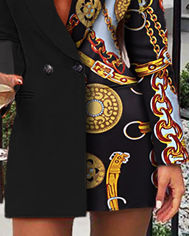2023 Women Office Dress Colorblock Patchwork Long Sleeve Blazer Dress  Deep V Neck Button Design Casual Mini Dress Workwear