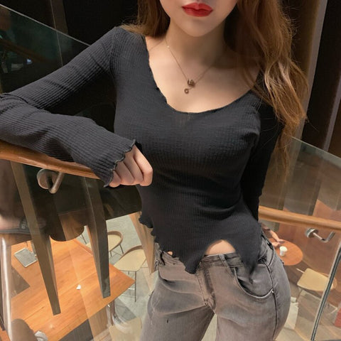 Christmas Gift AOSSVIAO Stretchy Ruffle Sleeve Crop Top Women 2023 Summer Black White Tight Rib-knitted Plain  T-shirt Dropshipping