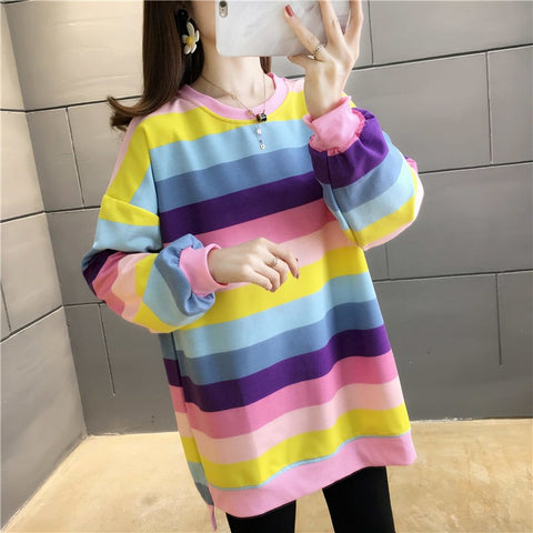 Fashion Rainbow Color Sweatshirt Hoodies Women 2023 Loose Long Sleeve Pullover Female Spring Autumn Oversized Harajuku Striped
