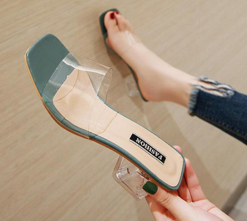 Sonicelife Clear Summer Sandals Women Shoes Women Mules Slides Peep Toe Transparent Square High Heels Female Shoe Casual  Square Heel