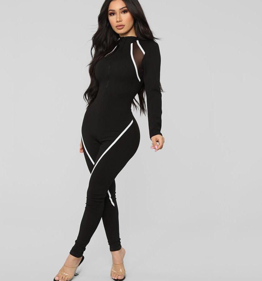 Graduation Gift Sonicelife Long Sleeve Women Jumpsuits Mesh Striped Patchwork Sporty Workout Active Wear Zipper Fitness Streetwear Skinny Outfits