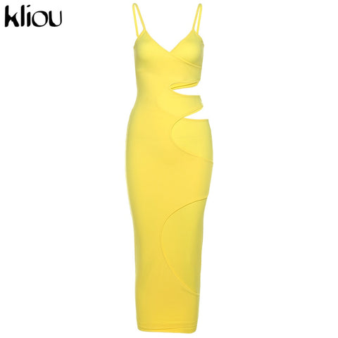 Sonicelife Kliou Cut Out Show Waist  Maxi Dress Women Shape Streetwear Sleeveless Skinny Slim Bodycon Vestidos Sense of Design Hot